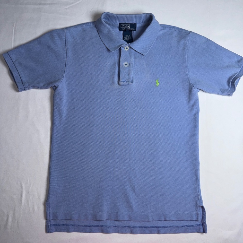 Polo Ralph Lauren Boys Light Blue Pique Polo Shirt Lime Green Pony Size 7